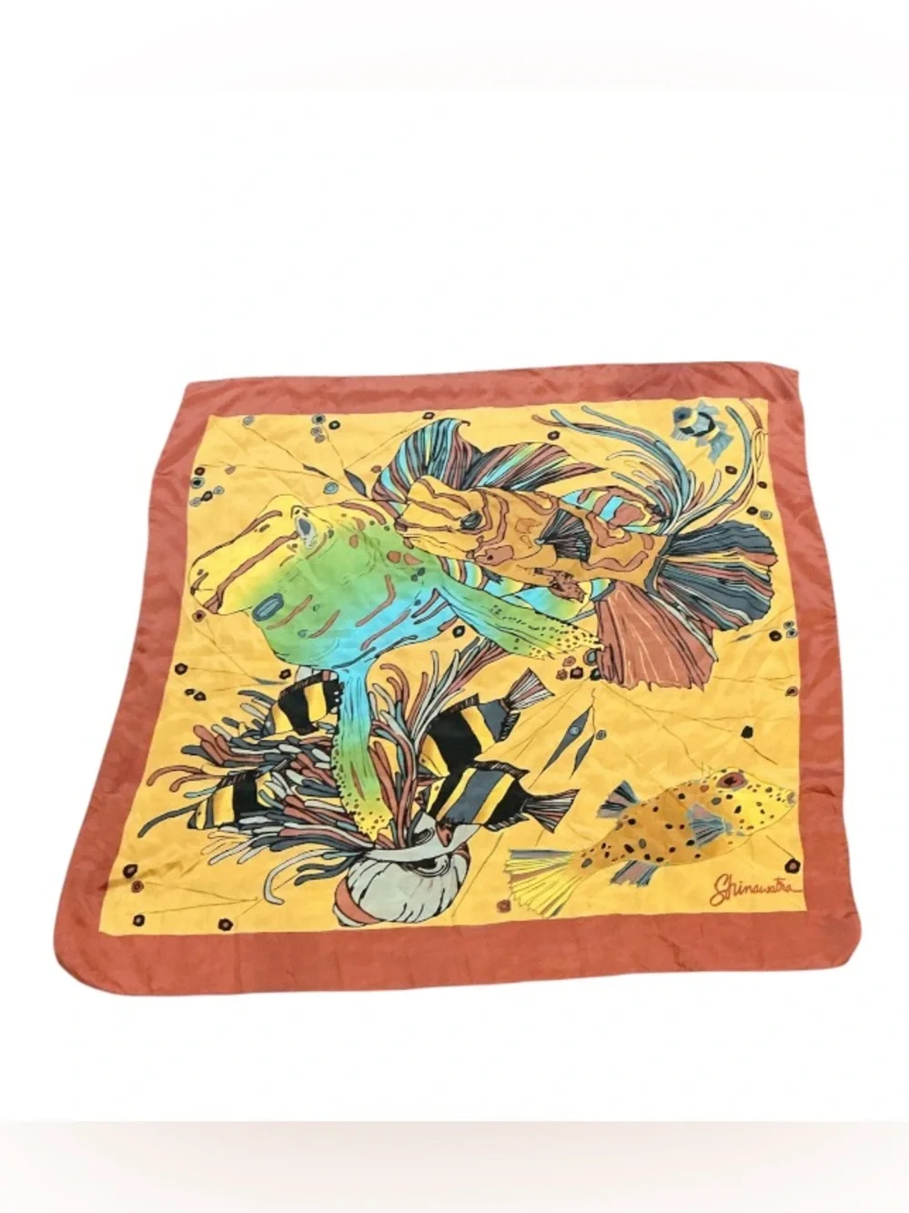 Authentic vintage Shinawatra Thai Silk Scarf featuring a vibrant tropical fish